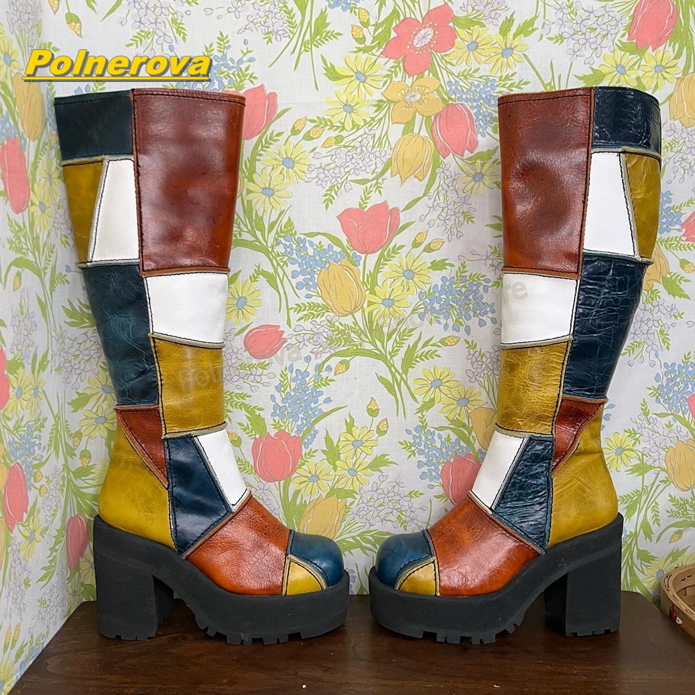 Vintage Style Women Fashion - Damen Retro Patchwork Leder Kniehohe Stiefel