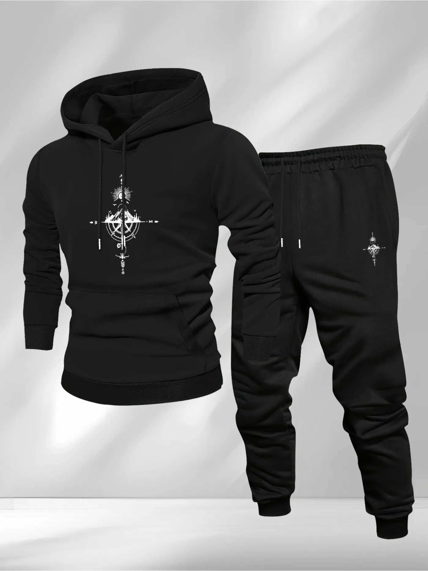 Vintage Fashion For Men - Vintage-Kompass-Print-Hoodie und Jogginghose Herren-Sportbekleidung Herbst Winter