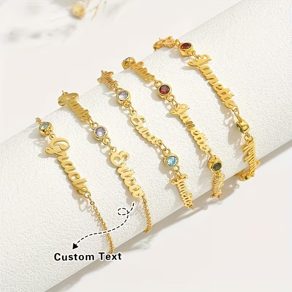 Vintage Fashion Meaning - Personalisiertes Armband mit Geburtsstein und Wunschnamen,