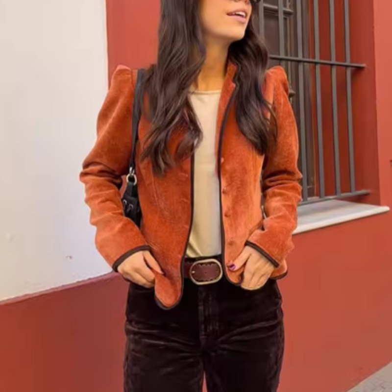 Velvet Blazer Vintage - Stehkragen-Blazer mit Kontrastpaspelierung, Samt, Langarm, Einreiher,
