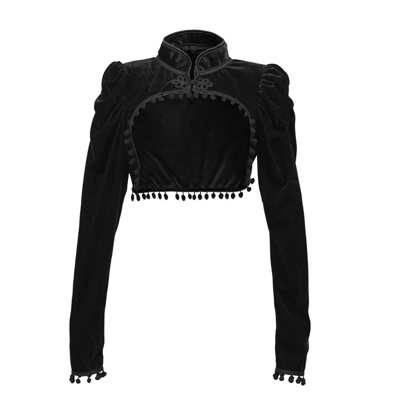 Velvet Blazer Vintage - Flanell Quasten Stehkragen Extra Kurz Mittelalter