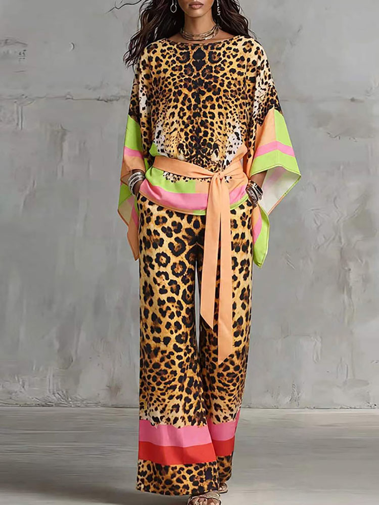 Vintage Fashion Retro Outfit - Retro-Leopardenmuster Lockerer Sommeranzug O-Ausschnitt Kurzarm-Oberteil und