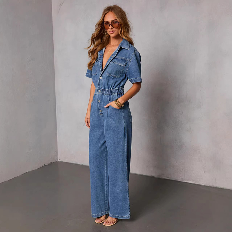 Vintage Fashion Trends - Retro-Mode Kurzarm-Denim-Jumpsuits für Damen, Sommer-Trend mit
